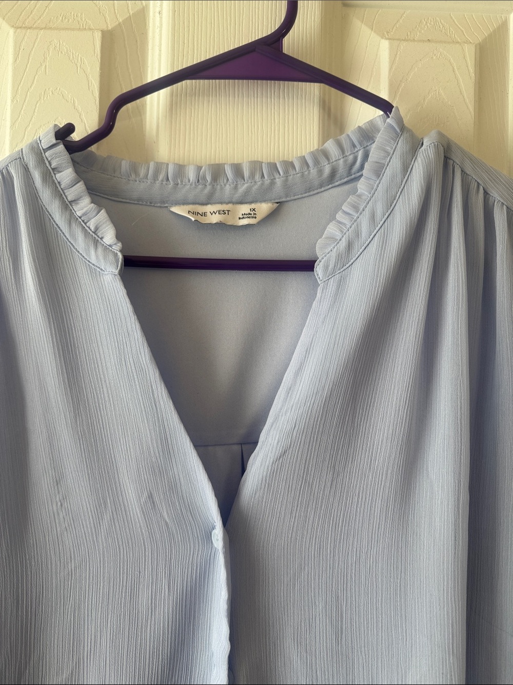 Nine West Pale Blue Ruffled V-Neck Button Blouse - Picture 3 of 9